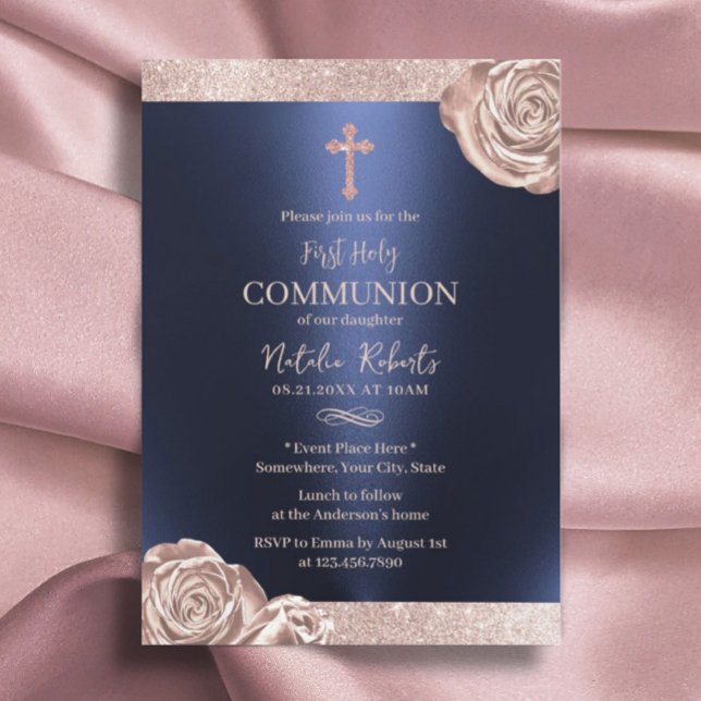 Invitation Première Sainte Communion moderne Marine Rose Or F (Créateur téléchargé)