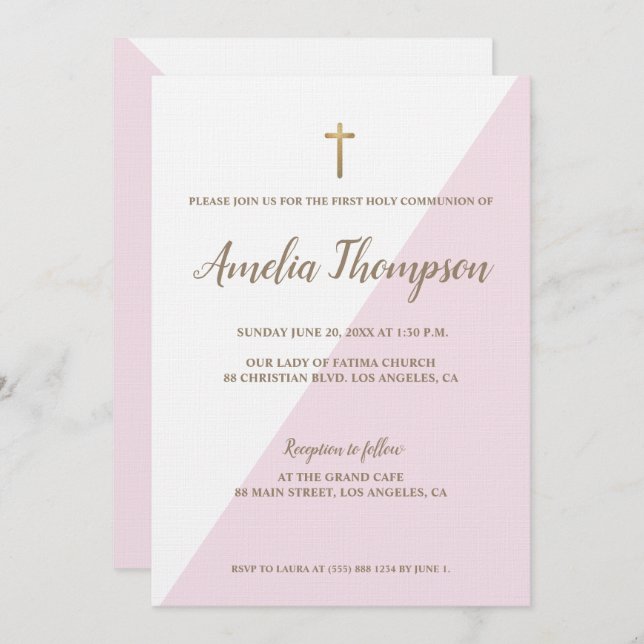 Invitation Première Sainte Communion moderne rose Or blanc (Devant / Derrière)