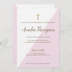 Invitation Première Sainte Communion moderne rose Or blanc