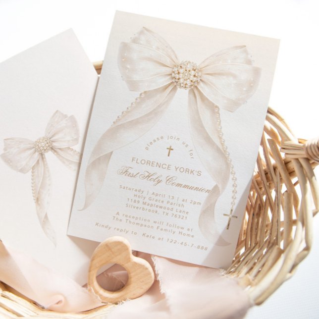 Invitation Première Sainte Communion Neutre Nœud Perles Or (Créateur téléchargé)