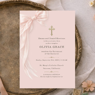 Invitation Première Sainte Communion Nœud Rose Fille
