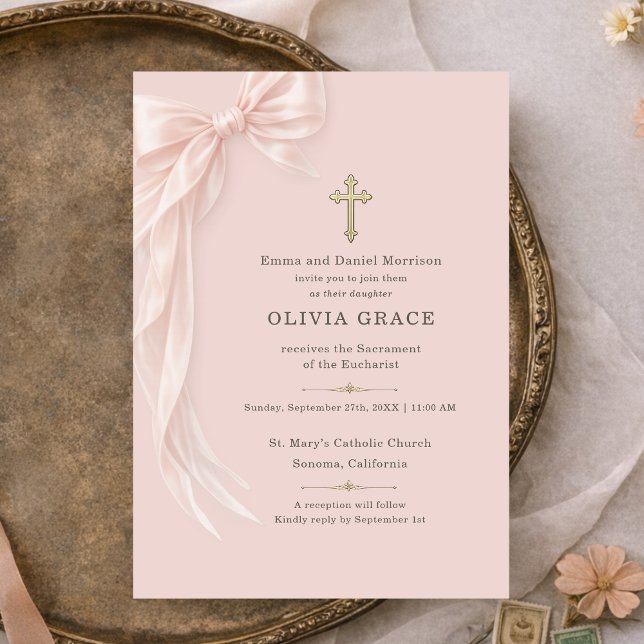 Invitation Première Sainte Communion Nœud Rose Fille  (Créateur téléchargé)