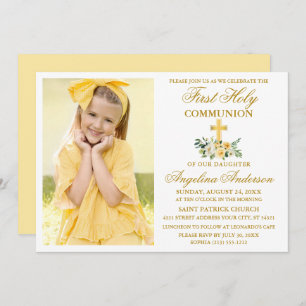 Invitation Première Sainte Communion or Aquarelle Jaune Flora