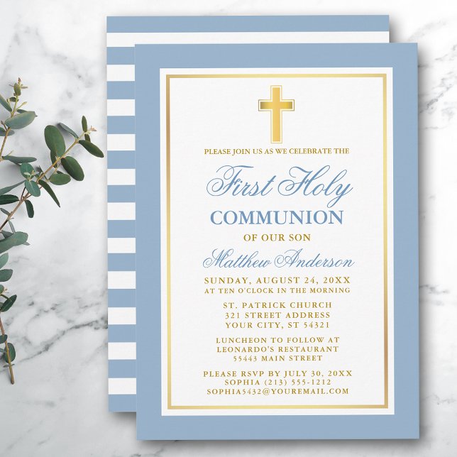 Invitation Première Sainte Communion Or Bleu clair rayé (Customize to change text size, color or text style.)