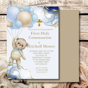 Invitation Première Sainte Communion Ours Balloon Bleu Gold S