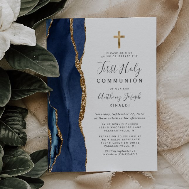 Invitation Première Sainte Communion Paillettes Or Agate Bleu (Créateur téléchargé)