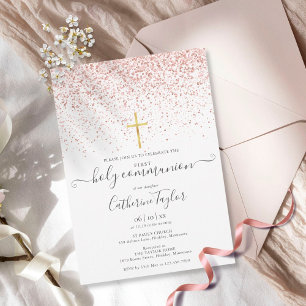 Invitation Première Sainte Communion Paillettes Or Rose Moder