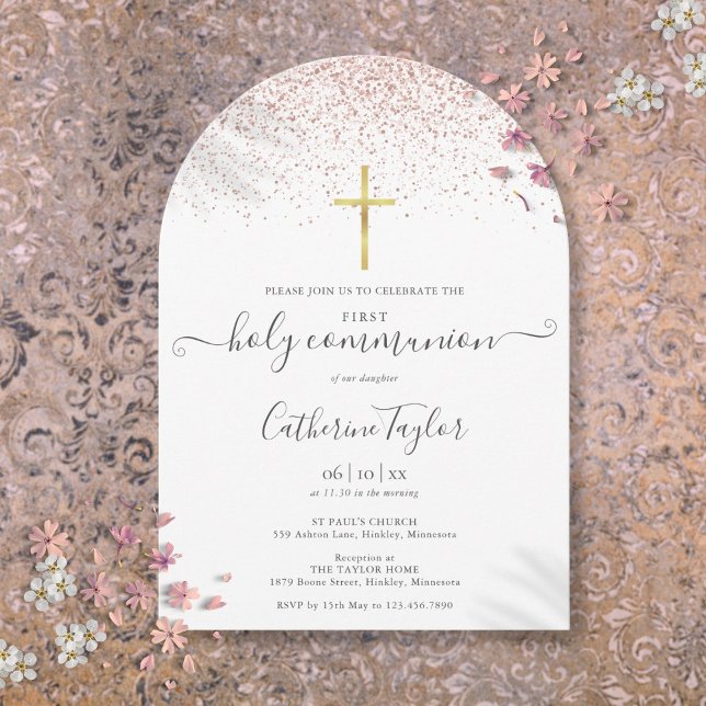 Invitation Première Sainte Communion Paillettes Or Rose Moder (Modern Rose Gold Glitter First Holy Communion Invitation)