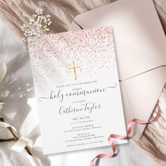 Invitation Première Sainte Communion Paillettes Or Rose Moder (Créateur téléchargé)