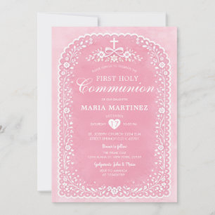 Invitation Première Sainte Communion Papier Picado Croix Rose