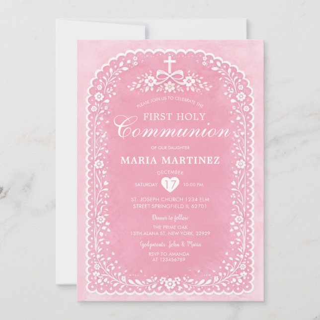 Invitation Première Sainte Communion Papier Picado Croix Rose (Devant)