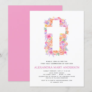 Invitation Première Sainte Communion Pastel Floral Rose