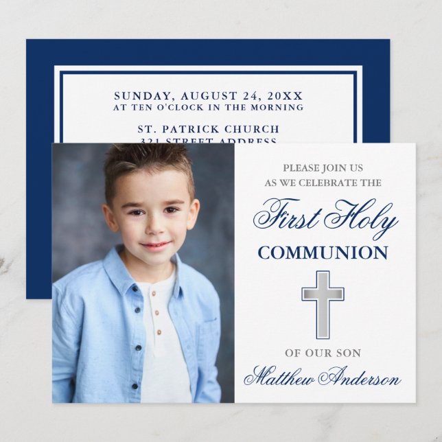 Invitation Première Sainte Communion Photo Bleu et Argent (Devant / Derrière)