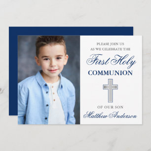 Invitation Première Sainte Communion Photo Bleu et Argent