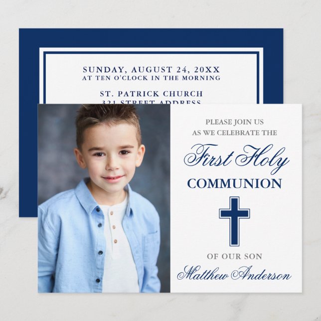 Invitation Première Sainte Communion Photo Bleue et Argent (Devant / Derrière)