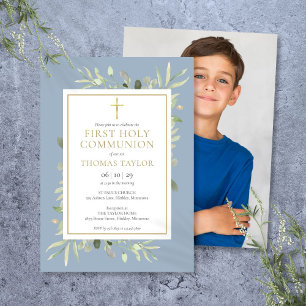 Invitation Première Sainte Communion Photo de verdure bleu po