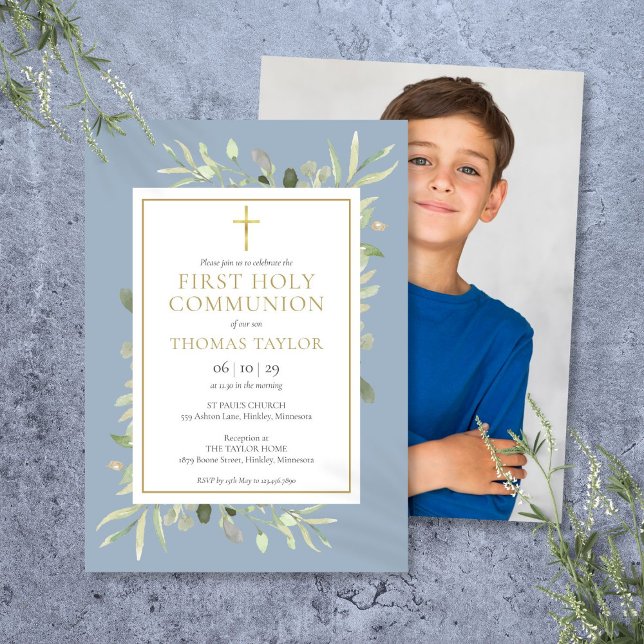 Invitation Première Sainte Communion Photo de verdure bleu po (Greenery Dusty Blue First Holy Communion Photo Invitation)