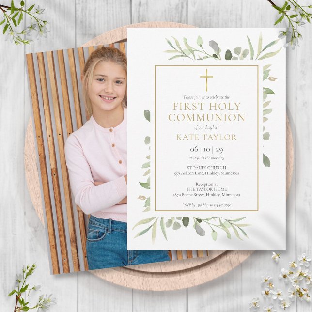 Invitation Première Sainte Communion Photo de verdure élégant (Elegant Greenery Photo First Holy Communion Invitation)