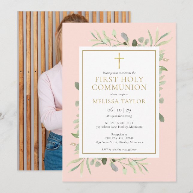 Invitation Première Sainte Communion Photo de verdure rose te (Devant / Derrière)
