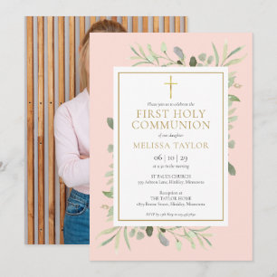 Invitation Première Sainte Communion Photo de verdure rose te