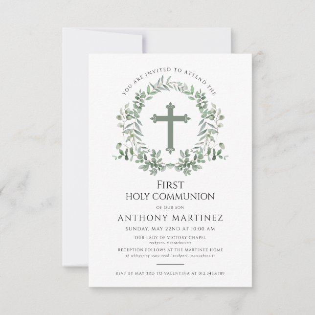 Invitation Première Sainte Communion Photo Eucalyptus Wreath (Devant)