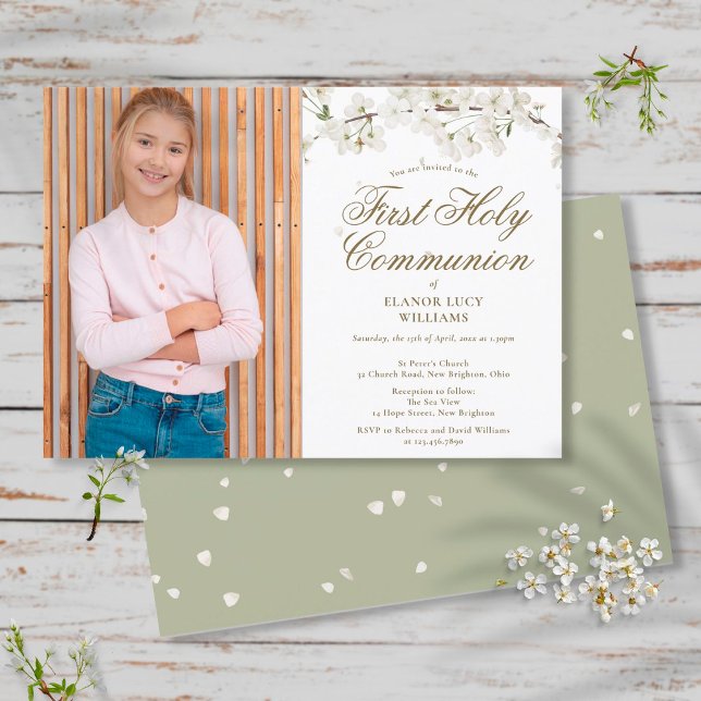 Invitation Première Sainte Communion Photo Fleur Blanche Élég (Créateur téléchargé)