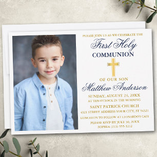 Invitation Première Sainte Communion Photo Marine Bleu et Or