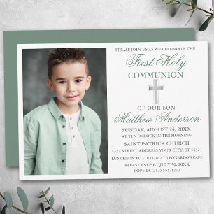 Invitation Première Sainte Communion Photo Sage Argent Vert