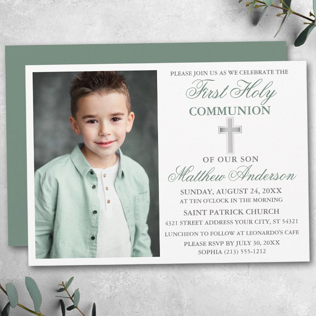 Invitation Première Sainte Communion Photo Sage Argent Vert (Customize to change text color,  size, style or to change color of back of card.)