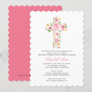 Invitation Première Sainte Communion Pink Aquarelle Croix