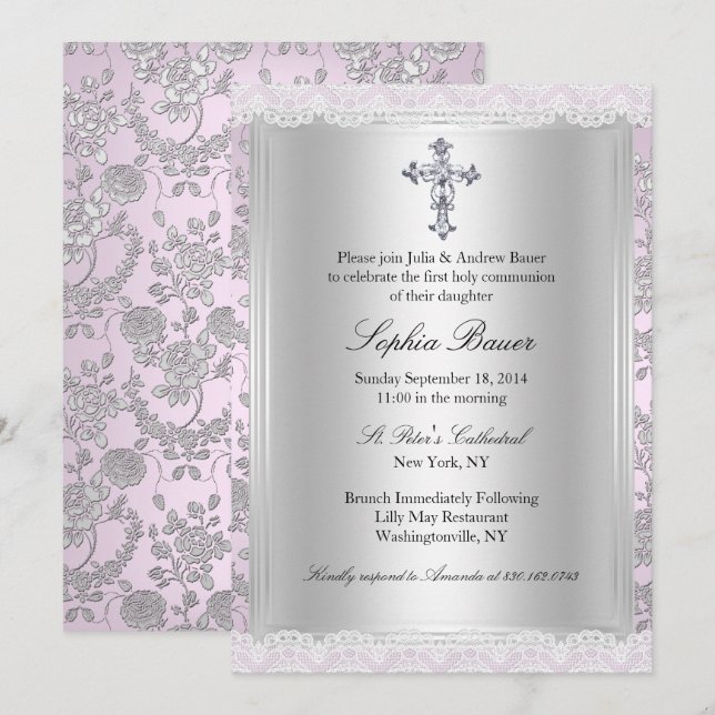 Invitation Première Sainte Communion Pretty Lace Rose (Devant / Derrière)