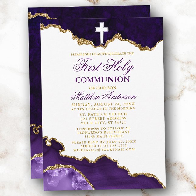 Invitation Première Sainte Communion Purple Gold Marble Géode (Customize to change text color,  size or text style.)