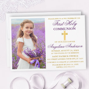 Invitation Première Sainte Communion Purple Gold Photo