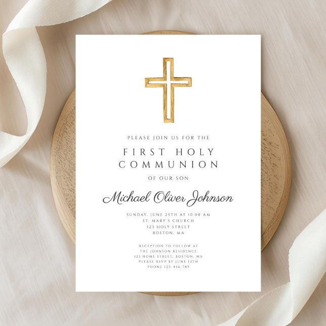 Invitation Première Sainte Communion Religieuse Croix Élégant (Elegant Mauve Cross Religious Girl First Communion Invitation)