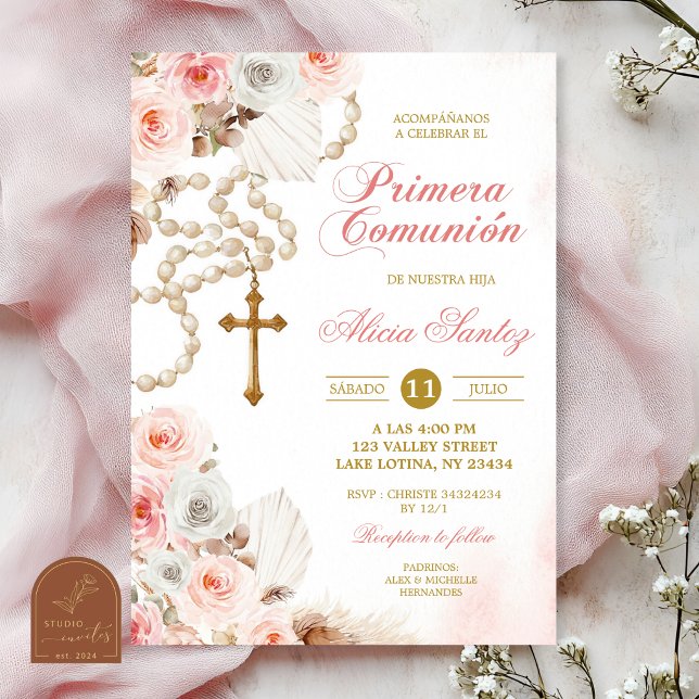 Invitation Première Sainte Communion Rosaire Floral Boho Rose (Créateur téléchargé)