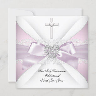 Invitation Première Sainte Communion Rose Blanc Silver Heart