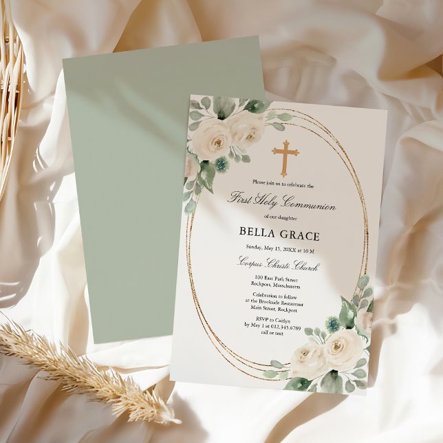 Invitation Première Sainte Communion Rose Blanche Florale (Créateur téléchargé)