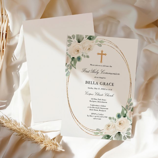 Invitation Première Sainte Communion Rose Blanche Florale (Créateur téléchargé)