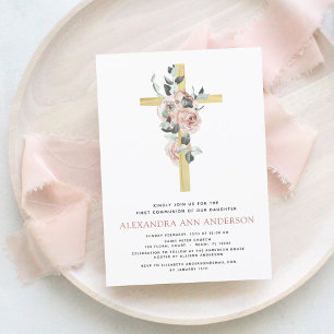 Invitation Première Sainte Communion Rose Dusty Rose vert Inv