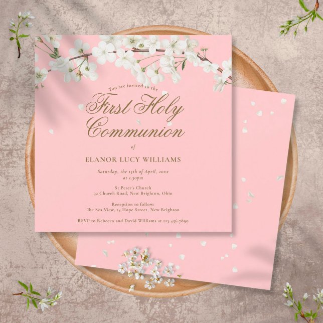 Invitation Première Sainte Communion Rose Élégante Fleur Blan (Créateur téléchargé)