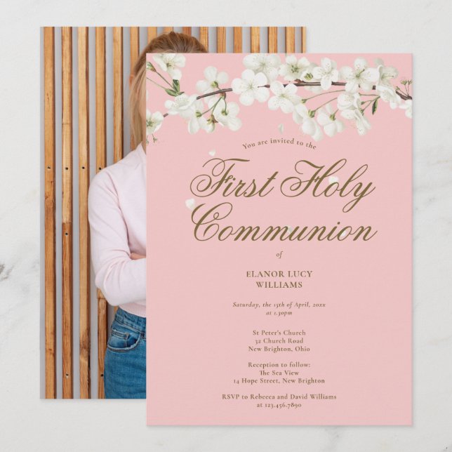Invitation Première Sainte Communion Rose Fleur Blanche Photo (Devant / Derrière)