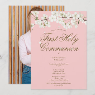 Invitation Première Sainte Communion Rose Fleur Blanche Photo