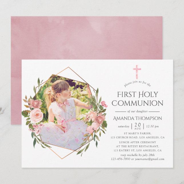 Invitation Première Sainte Communion Rose Gold et Blush Géomé (Devant / Derrière)