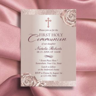 Invitation Première Sainte Communion Rose moderne Or Floral
