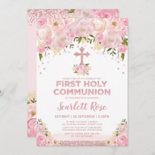 Invitation Première Sainte Communion Rose Or Blush rose Flora