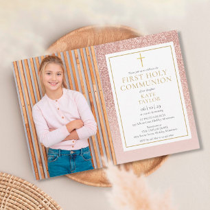 Invitation Première Sainte Communion Rose Or Glitter Photo