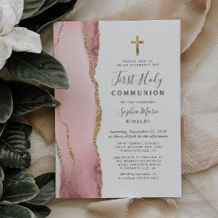 Invitation Première Sainte Communion Rose Pâle Agate Paillett