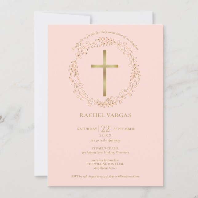 Invitation Première Sainte Communion Rose Pâle Croix Dorée Fl (Devant)