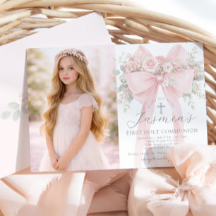 Invitation Première Sainte Communion Rose Pâle Nœud Photo