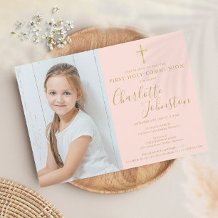 Invitation Première Sainte Communion Rose Pâle Or Écriture Ph